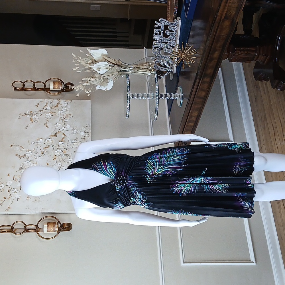 Black Pleated Halter Dress with Feather Print By Speechless. Size M